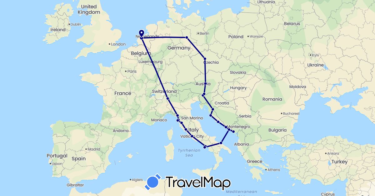 TravelMap itinerary: driving in Austria, Bosnia and Herzegovina, Czech Republic, Germany, Croatia, Italy, Montenegro, Netherlands, Slovenia, Vatican City (Europe)